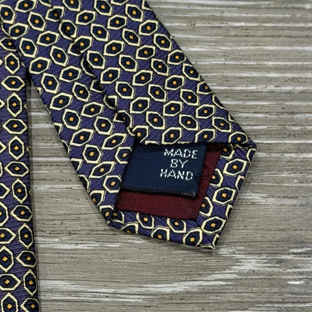 Vtg Polo Ralph Lauren Silk Tie Purple‎ Gold Geometric Medallion Made by Hand USA